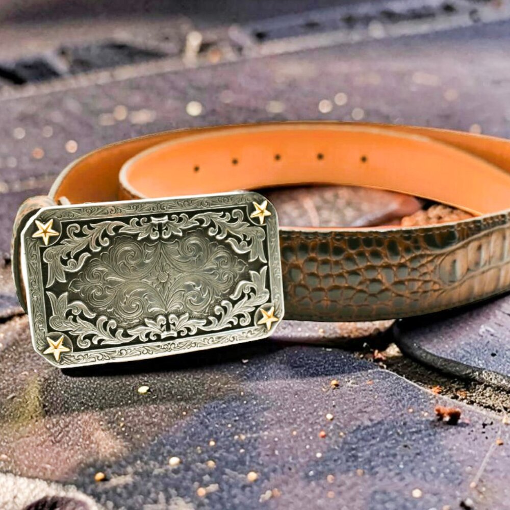 Tony Lama Brown Crocodile Belt with Silver Buckle